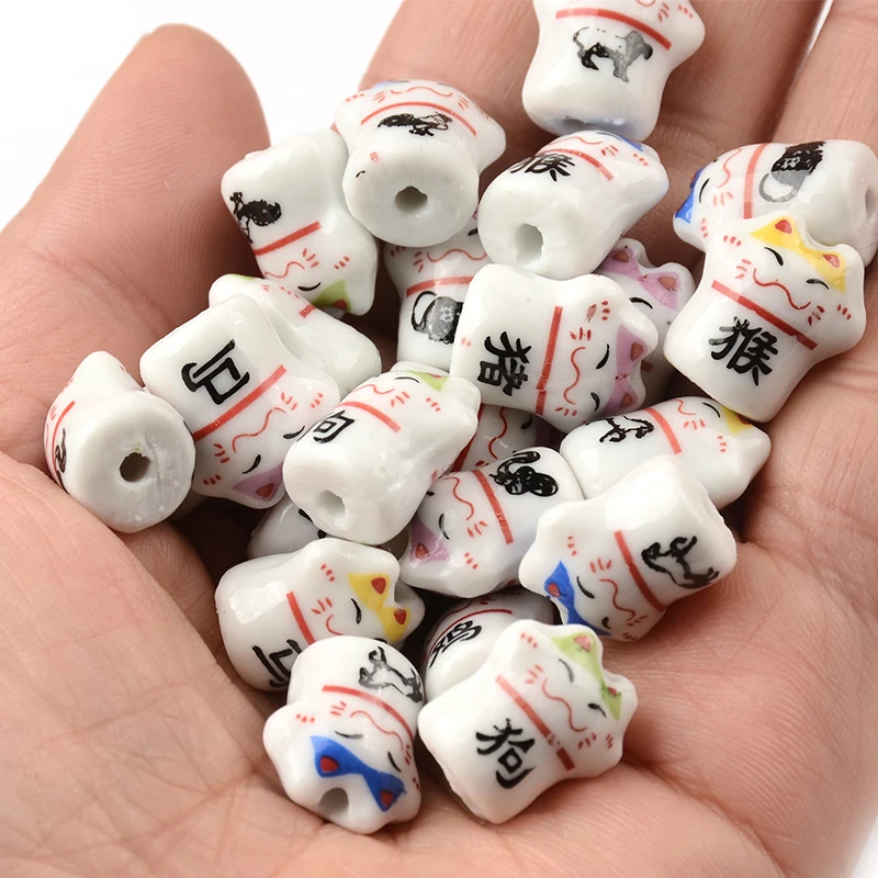 Chinese Zodiac Cat Shape Porcelain Ceramic Beads 2.5mm Vertical Hole Loose Beads for Jewelry Making Bracelet DIY Accessories