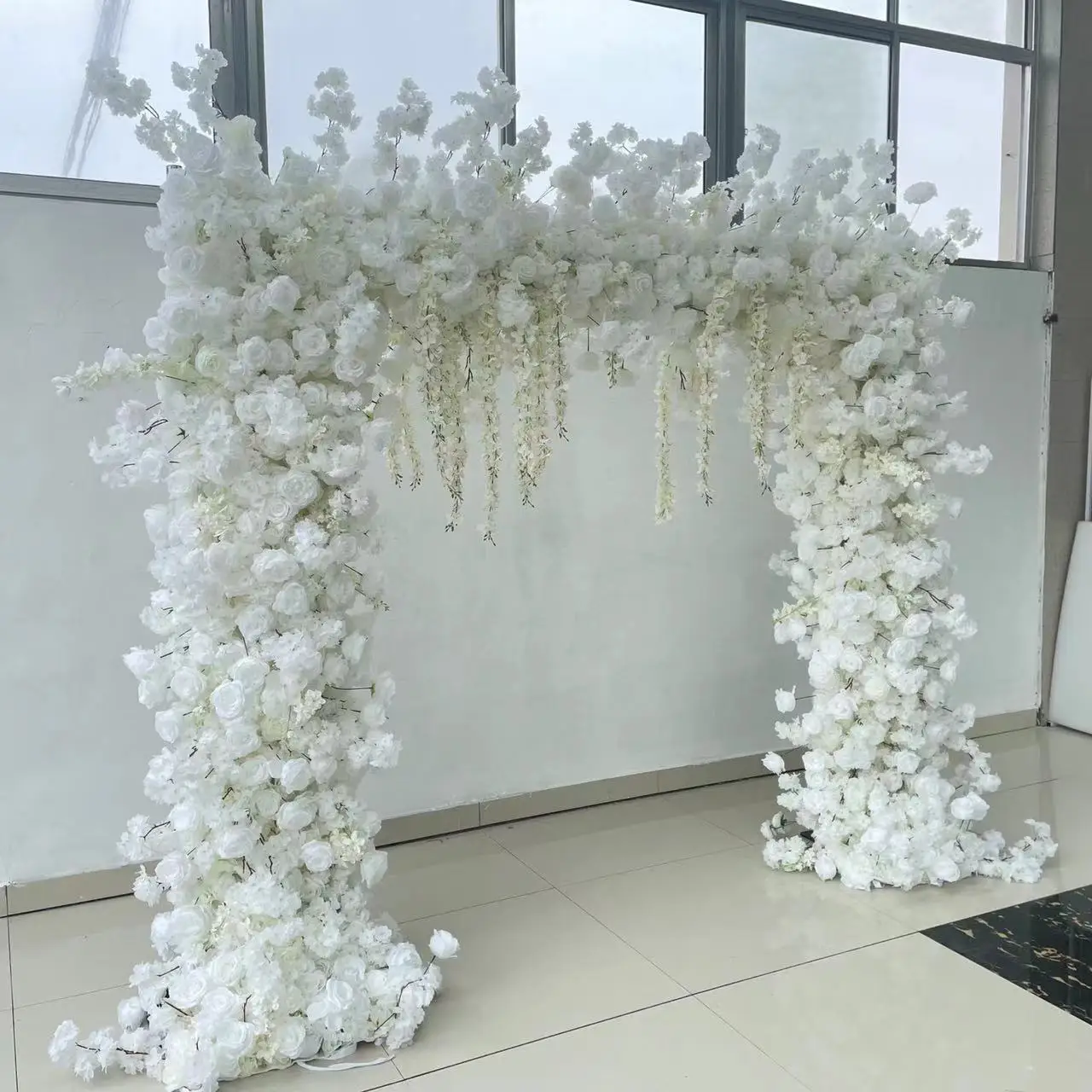 Artificial White Rose Wedding Arch Moongate Flower Metal Arch For Wedding Background Flower Hoop