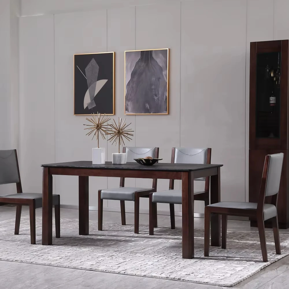 Factory Direct Nordic Modern Solid Wood Rectangle Rustic Stone Top Kitchen Dining Table with Square Legs