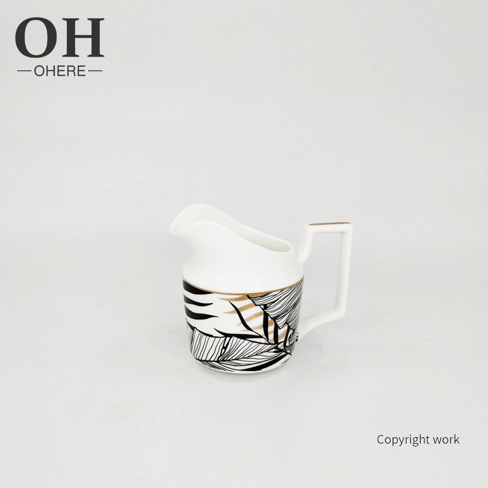 2022 New high-end luxury  charger plate coffee cup and saucer sets black and gold leaves for wedding dinnerware sets