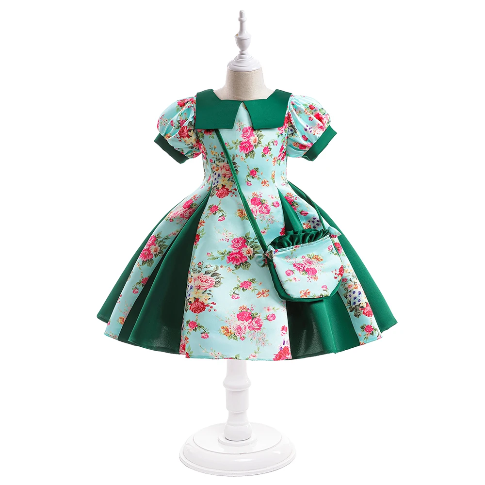 MQATZ latest design short sleeve green 5-8 year flower printed dress collar elegant frocks with free bag L5510