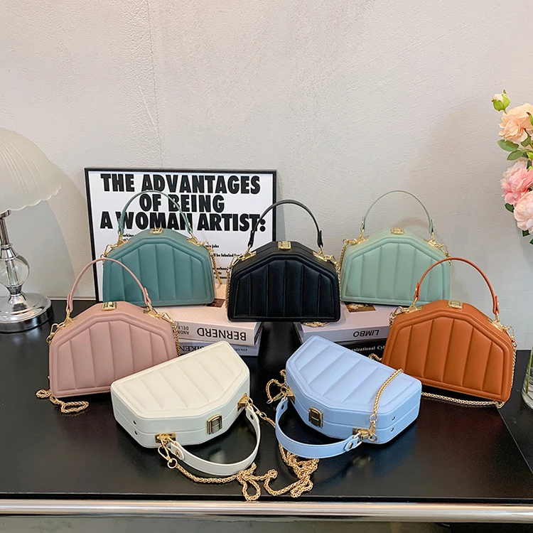 Guangzhou Factory Casual Ladies Candy Color Striped Box Shoulder Purses Chains Luxury Women Messenger Bags Small Branded Handbag
