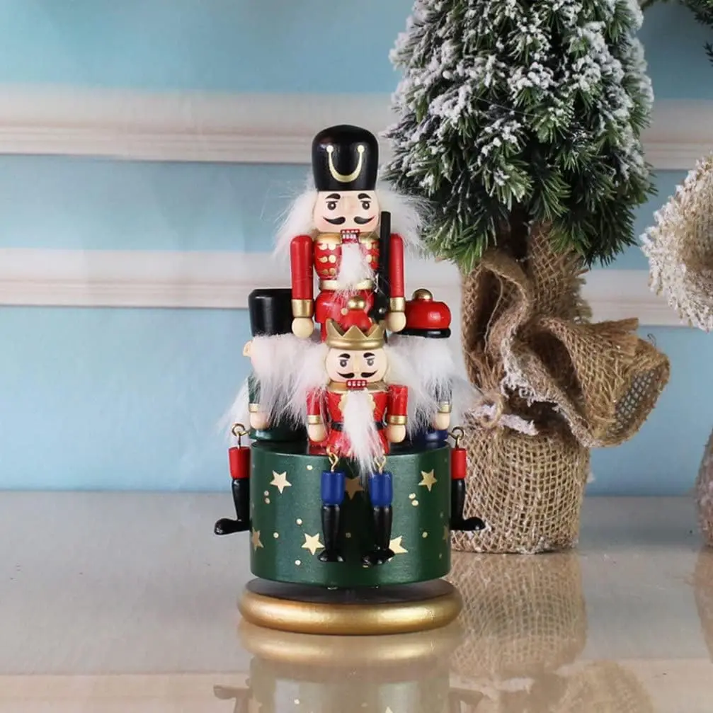 Wooden Nutcracker Music Box Clockwork Wind Up Musical Carousel Nutcracker Puppets Music Toy Soldier Figures