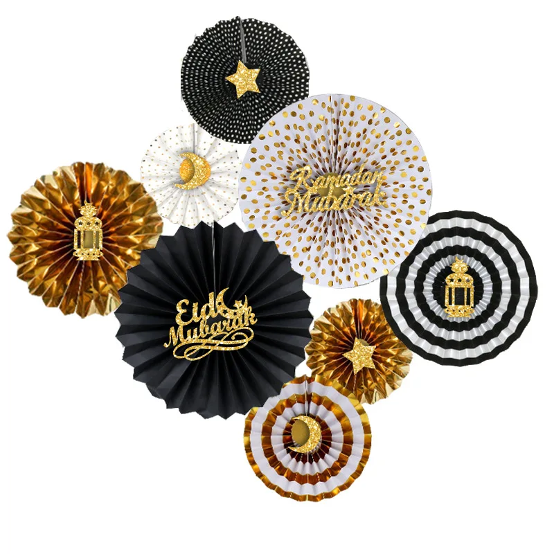 Eid Mubarak Ramadan Decorations 2023  Paper Fan With Moon Star Letter Gold Color DIY Muslim Islamic Party Decoration