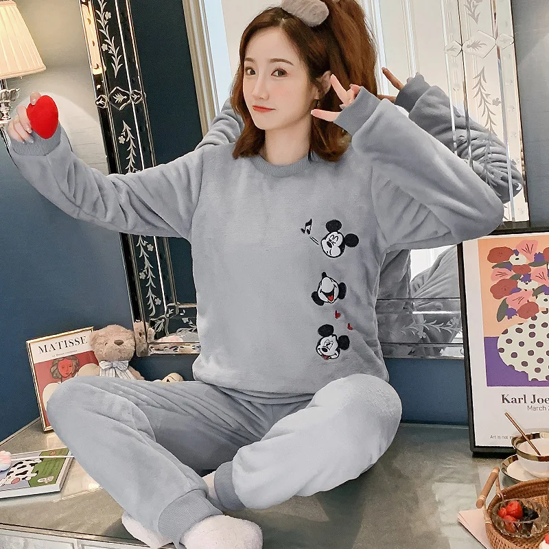 Winter Women Sleepwear Two Pice Suit Night Sleep Wear Clothing Pijama Plush Pyjama Flannel Pajama