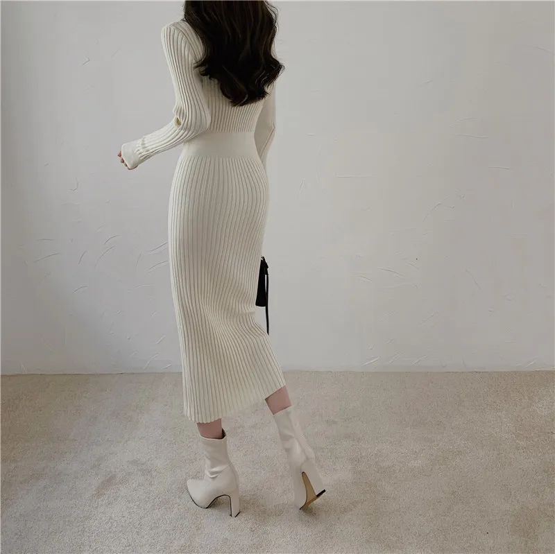 W3659 Women Fashion Casual Knitted Midi Dress Sexy V Neck Long Sleeve Basic Sweater Dress Autumn Office Lady Elegant Slim Dress
