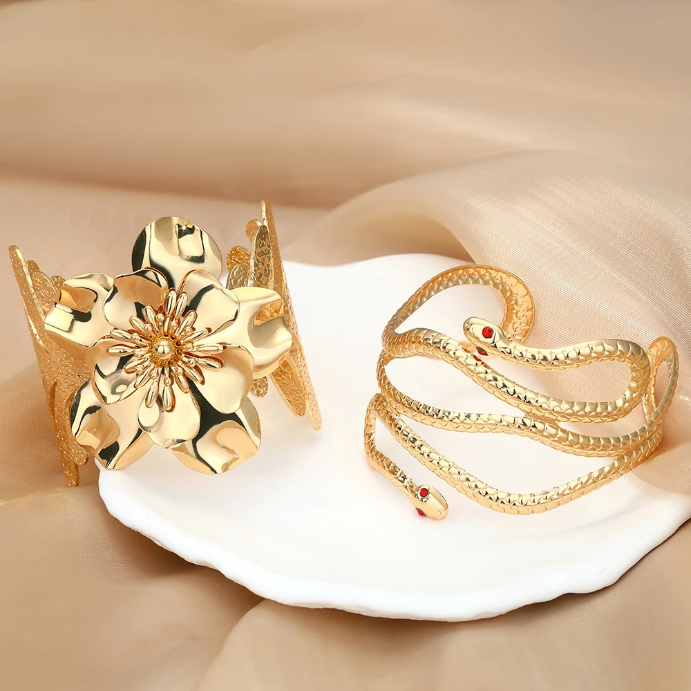 FY Jewelry Fashion wholesale  Hip Gold Plated Chunky Wide Metal Flower Snake Bracelets Wrapped wrist Bangles For Women