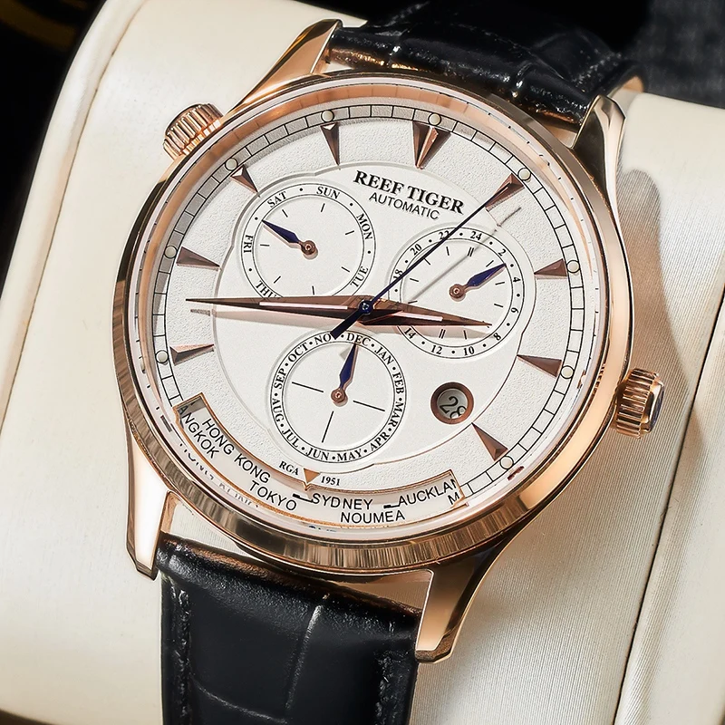 
Reef Tiger Automatic Wristwatches Men Watch With World Time Black Dial Black Bracelet Rose Gold Watch Case RGA1951 