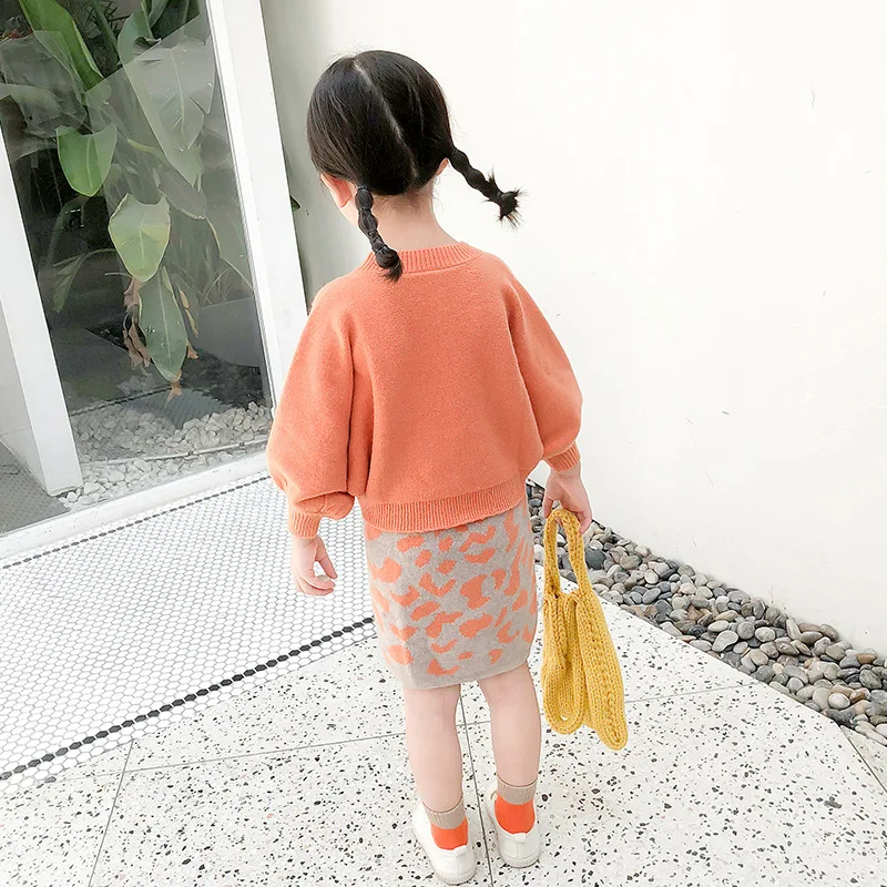 Toddler Kids Girls orange color Long Sleeve Knitting Pullover Sweater Tops Leopard Printed Skirts 2pcs suit Girl Outfits