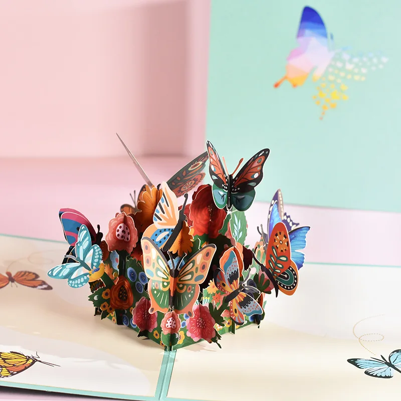 Unique Customized Birthday Colorful Butterfly Flower Blue Basket Valentine 3D Pop Up Greeting Card