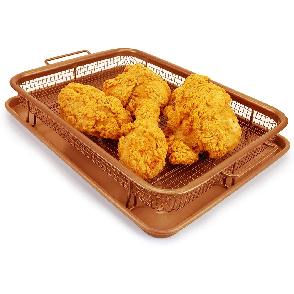 Copper Rectangle Crisper Tray  Non Stick Cookie Air Fry Mesh Basket Set, Transform Your Oven Into Oil Free Air Fryer