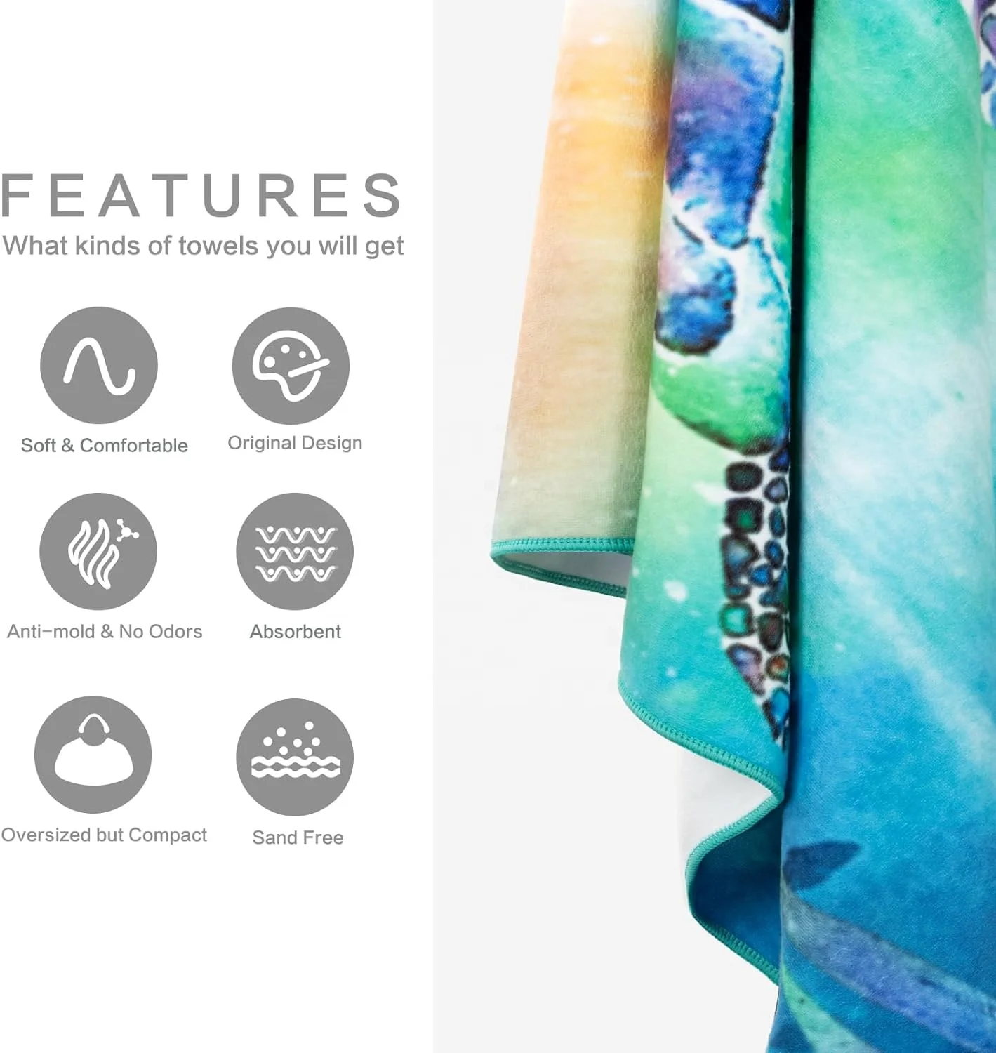 Turtle Tropical Blue Colors with Unique Design Extra Large Towels With Logo Custom Print Microfiber for Kids Adult Beach Towel