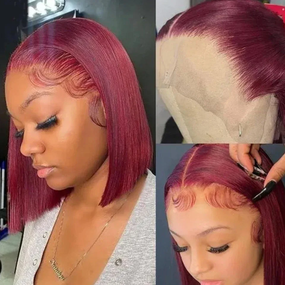 Straight Short Bob Transparent Hd Lace Human Hair Wig , colorful Pre Plucked Hairline Short Straight Bob Wigs