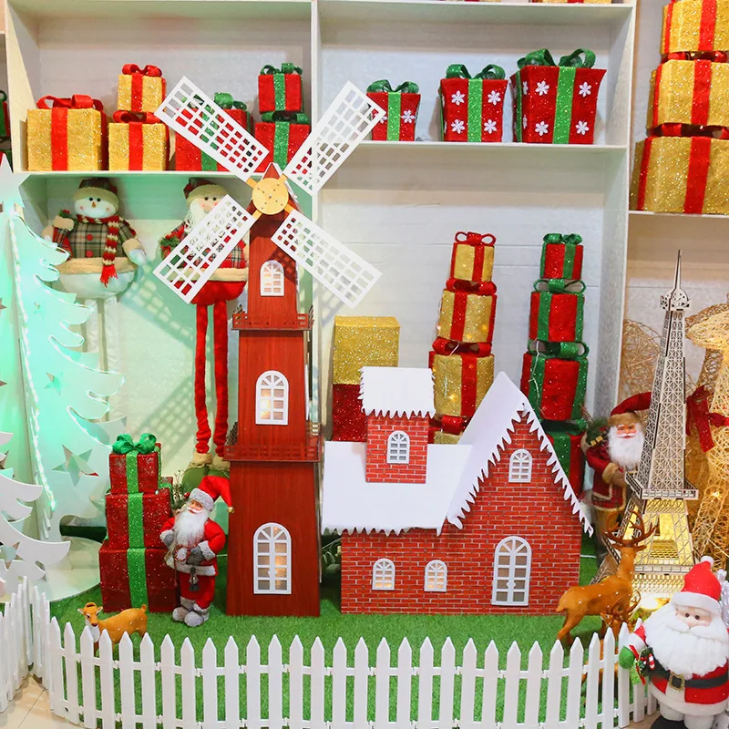 Christmas Decoration Wooden Snow House Windmill Led Lights Castle Outdoor Ornaments