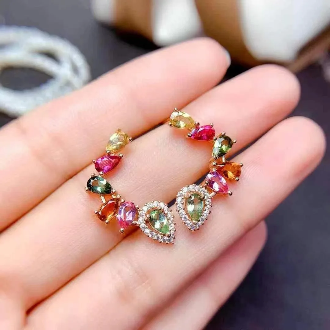 Women Fine Jewelry 3*5mm Pear Cut Tourmaline Pink Green Pave Zirconia Rose Gold Plating 925 Sterling Silver Danglers Earrings