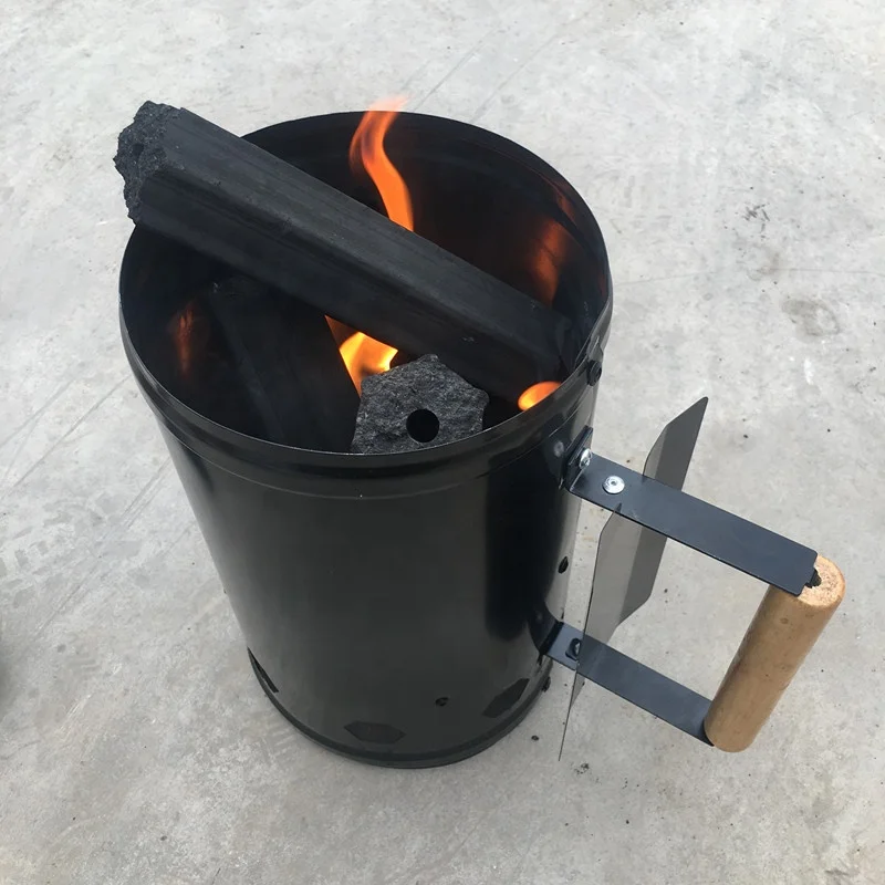 Heatproof Charcoal Fire Starter Bucket Comfortable Wooden Handle Chimney