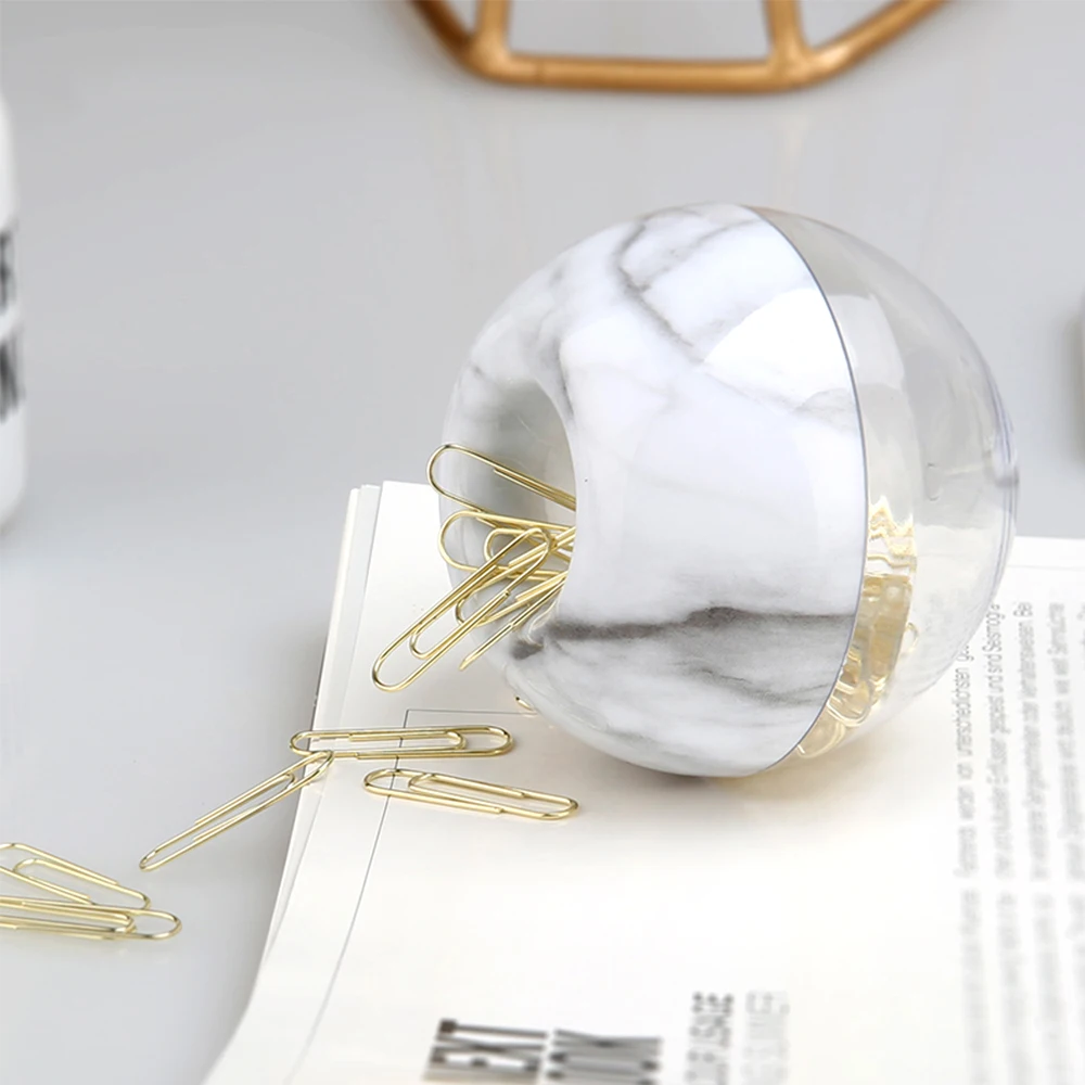 Gold Paper Clips in Elegant Magnetic Marble White Clip Holder, 28mm, 100 Clips per Box