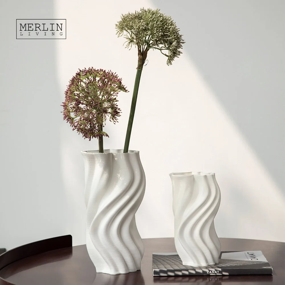 Merlin Living 3D Printing Vase Decoration Modern Abstract Curved River Ripple Nordic Vase Chaozhou Ceramic Factory Custom OEMODM