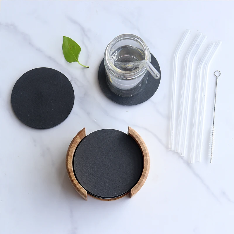 Набор черных круглых сланцевых подставок, комплект из 8 предметов с бамбуковым держателем, стеклянная солома и щетка для бара, кухни, домашнего декора, 4 дюйма