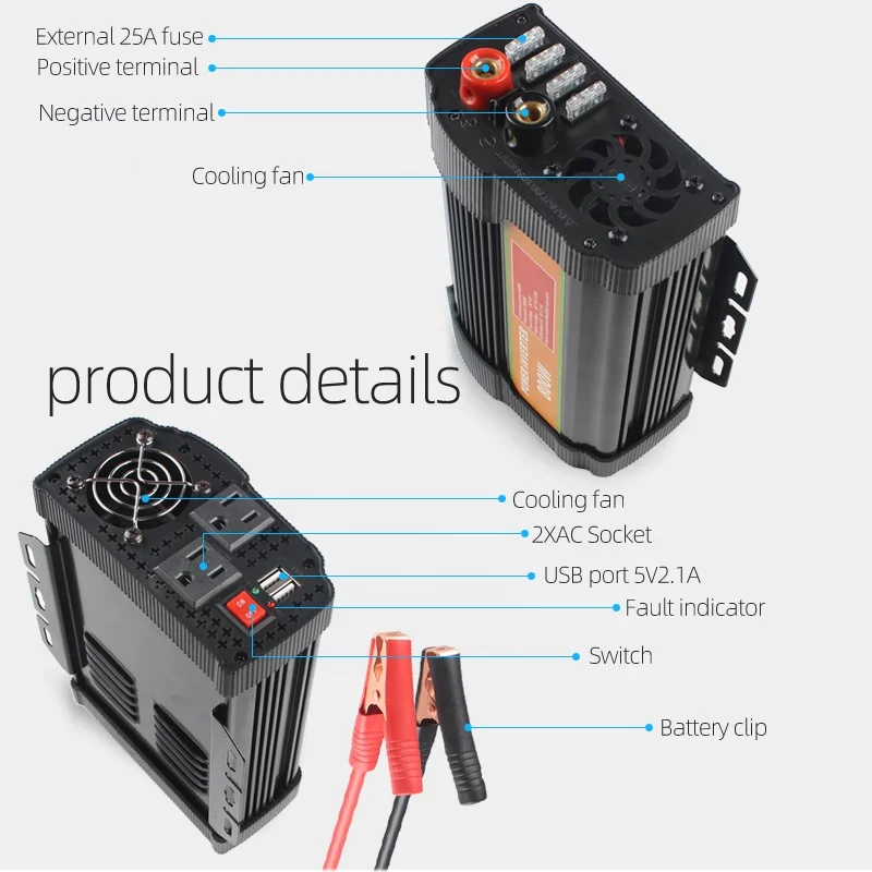 Car Vehicle Power Inverter 800W/1600W(Peak) DC 12V to AC 110V Converter