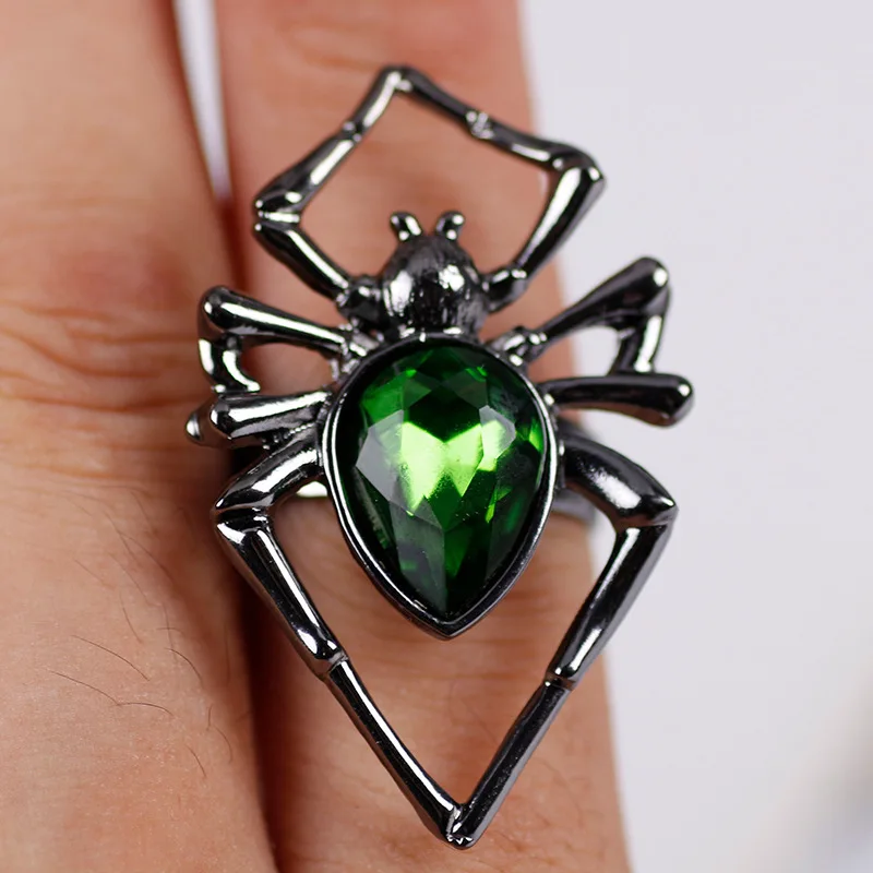 Personality Unique Gemstone Ring Retro Punk Halloween Ring Exaggerated Shiny Spider Gem Rings Set for Girls