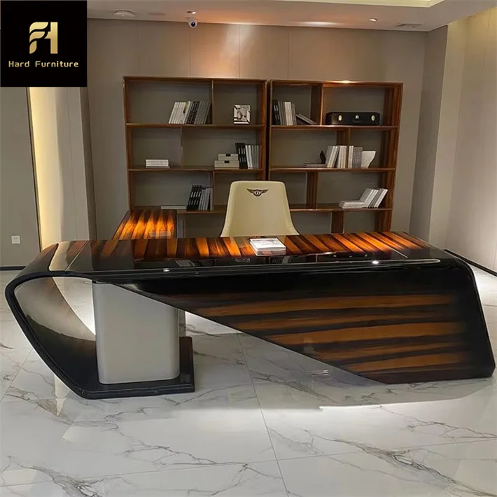 Luxury High Quality Large Size Manager Office Table In Dark Brown Mixed Colors Polished Wooden Top CEO Office Table