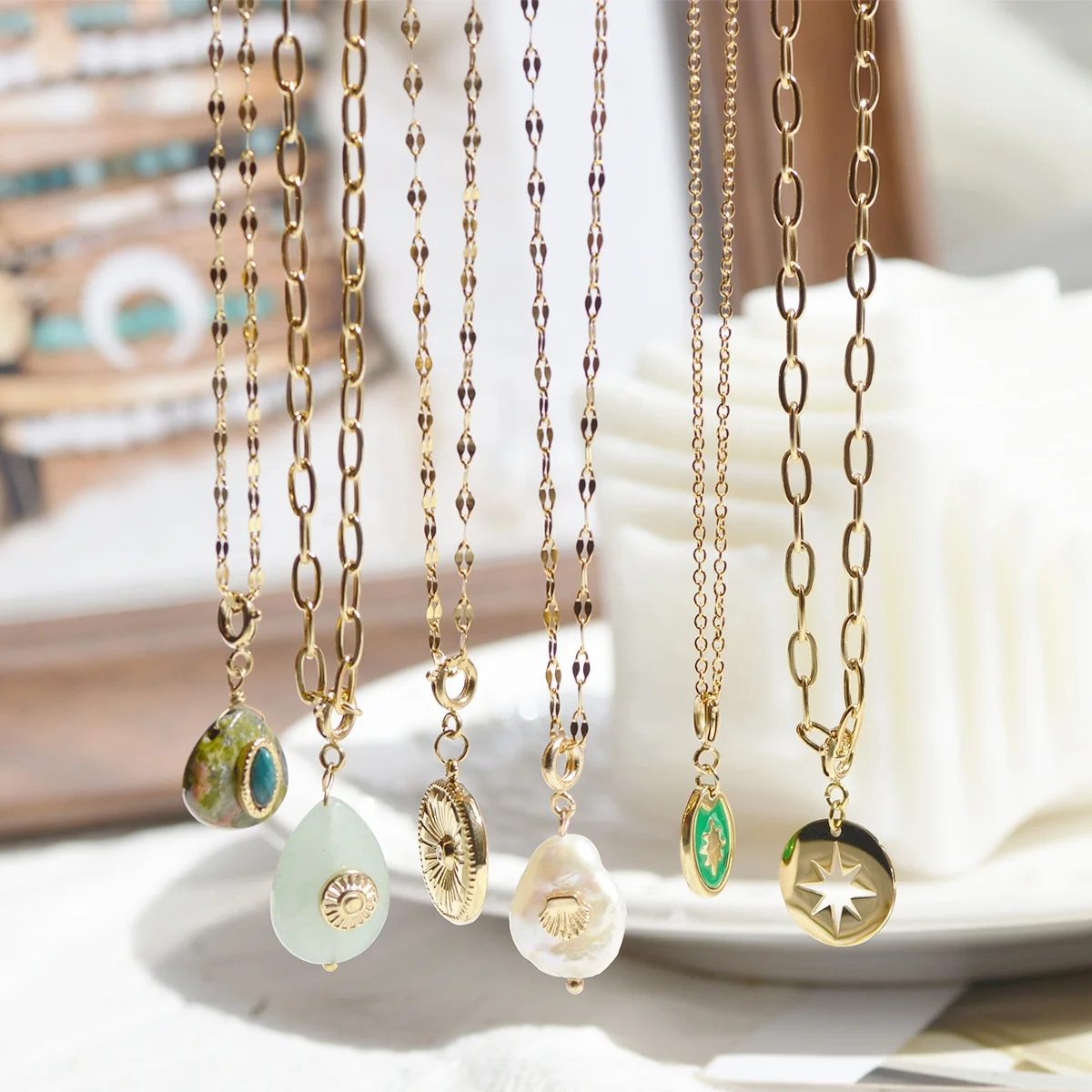 Vintage Jewelry Stainless Steel Gold Plated Bead Cross Chain Custom Necklace Enamel Geometric Natural Stone Pendant Accessories