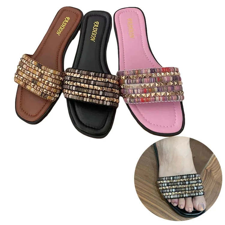 Wholesale new fashion beach summer ladies flat slippers knitting women flat slippers