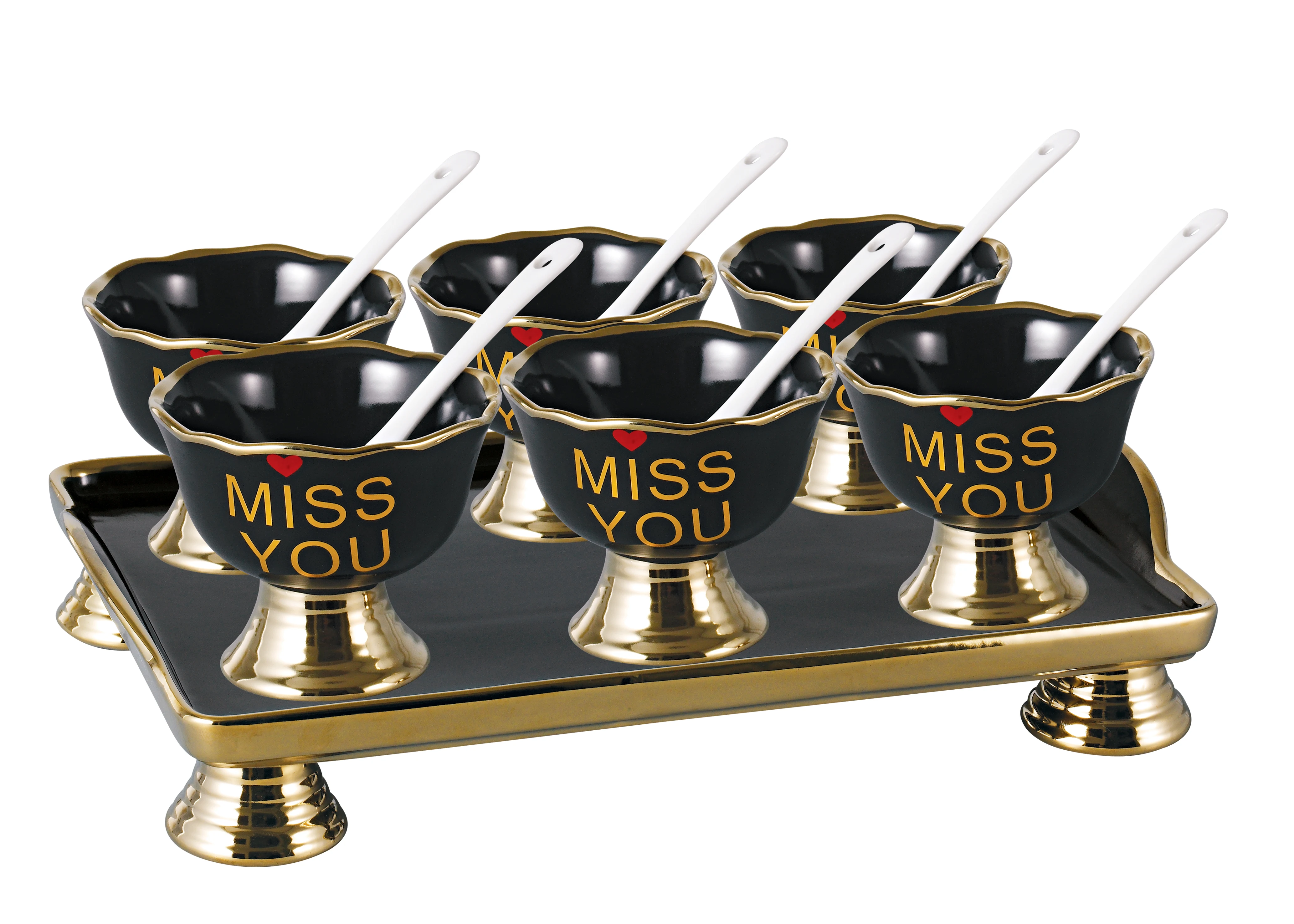 Wholesale Fashion Free Sample Miss You Heart Ceramic Desert Ice Cream Cups Set With Spoon Tray