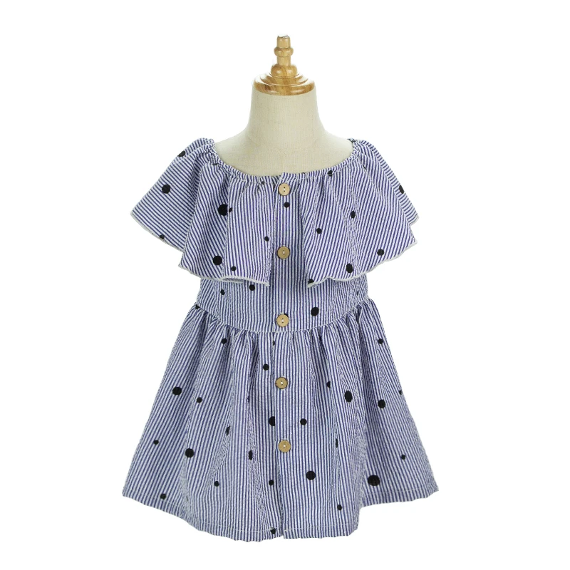 Factory Outlet Custom High Quality Pretty Baby Girl Flying Sleeve Summer Blue Seersucker Ruffles Dress Black Dot Frock Designs