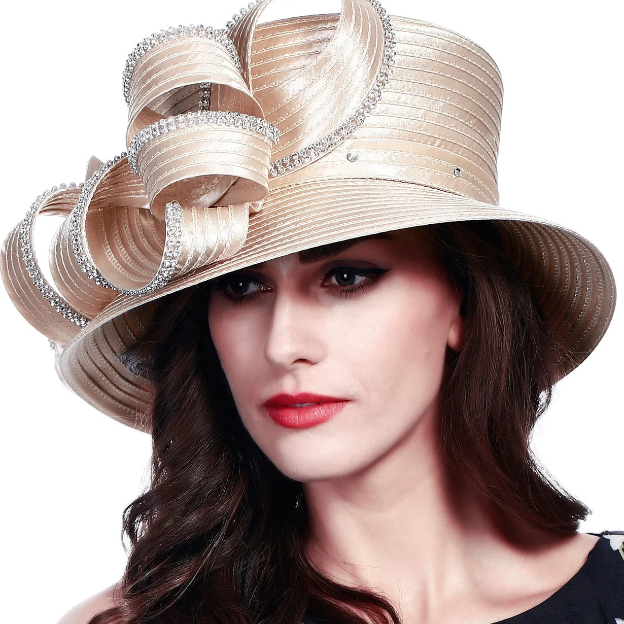 Original Charm Women Formal Dress Satin Wide Brim Church Wedding Party Hats w/ Rhinestones White Black Champagne Gold Wholesale