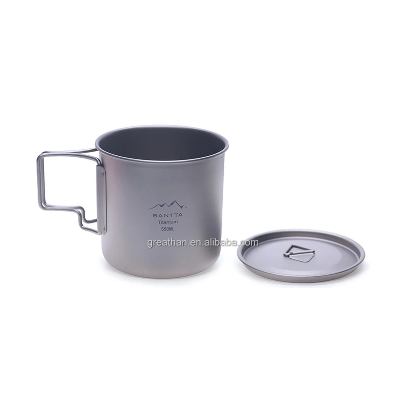 Ultralight Solid Titanium 550mL Camping Mug with Lid and Folding Handle
