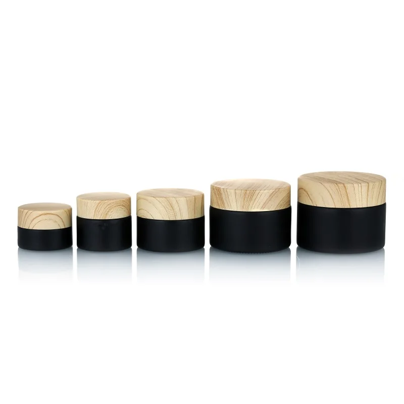 Luxury 5g 10g 15g 20g 30g 50g 100g Empty Cosmetic Skin Care Container Matte Black Glass Cream Jar with Wood Grain Lid