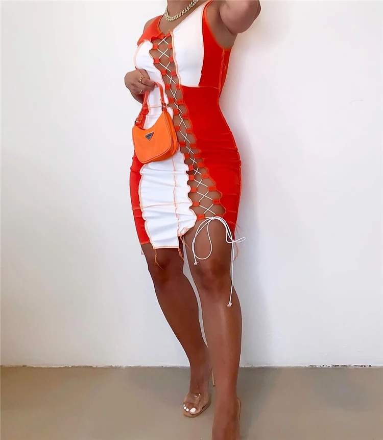 DUODUOCOLOR Summer 2021 bodycon dresses clashing color splicing sexy club wear hollow out bandage dress D97227