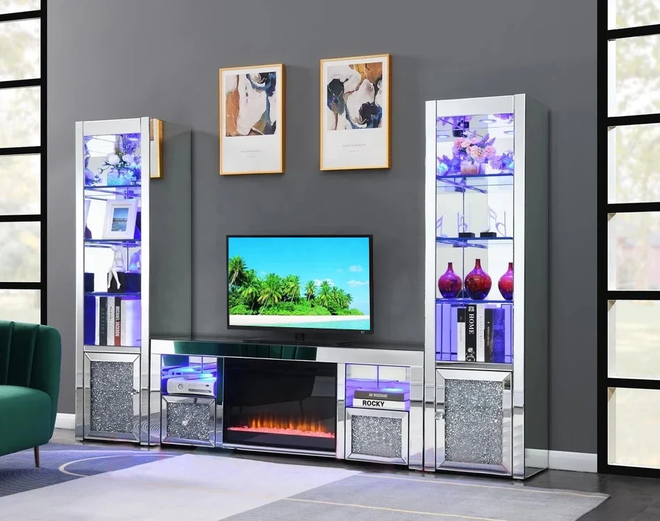 2022 New Arrival Modern Living Room Crushed Diamond Mirrored TV Stand With Electronic Fireplace And Light