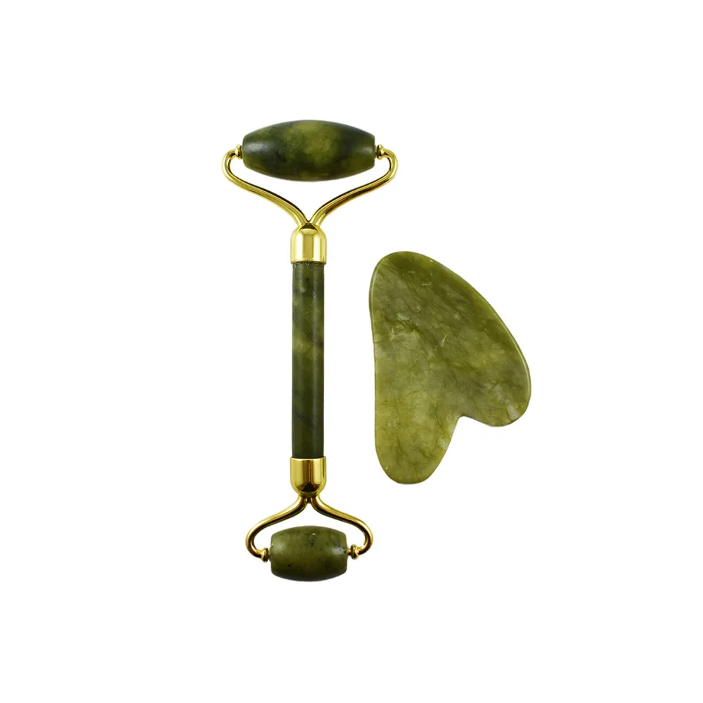 Wholesale Skin massage Body Scrapping Green Jade Roller Gua Sha Set Face Massage Jade Roller