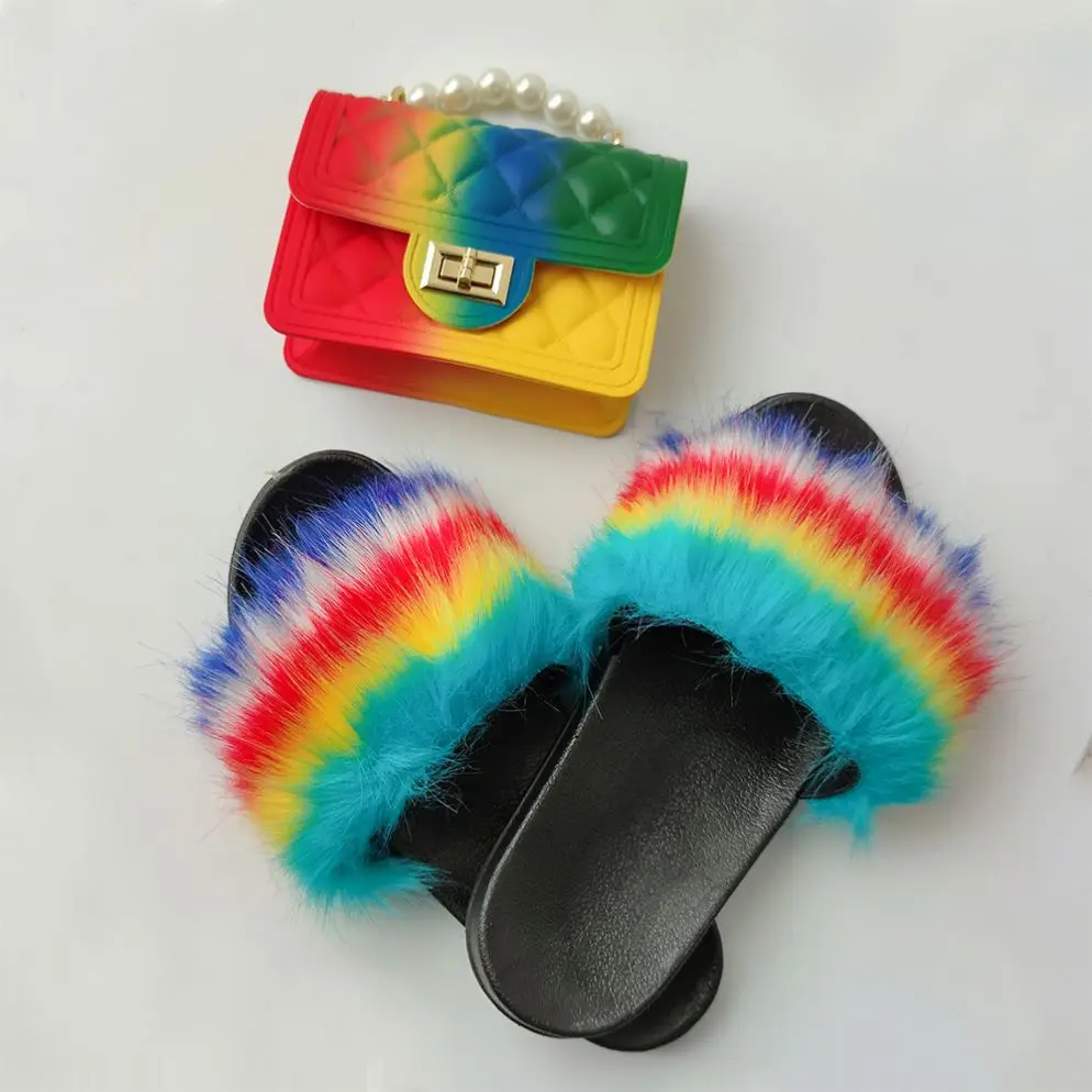 
2021 Ladies Colorful Mini Jelly Handbag Fur Sandals Luxury Furry Slippers Shoes and Purse Set for Women Wholesale 