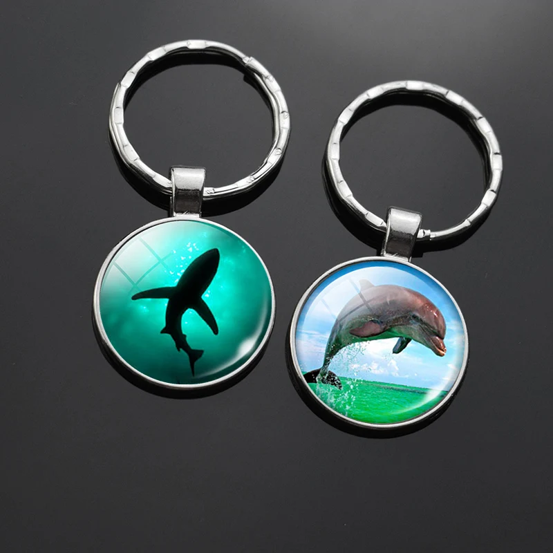 Sea Animals Key Chains Dolphin Shark Glass Cabochon Keychain Tortoise Keyring Starfish Pendant Trinket