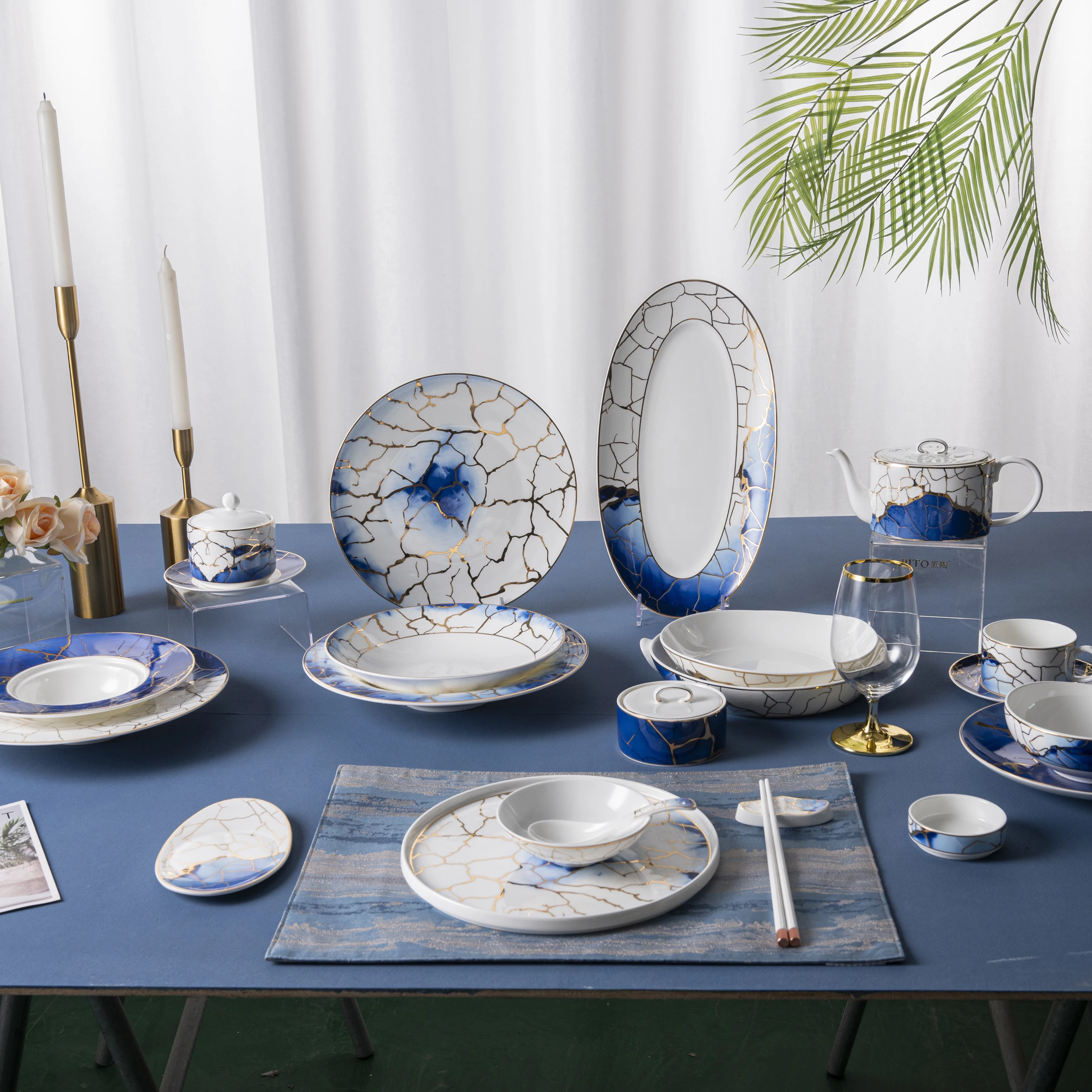 PITO European Luxury Marble Tableware Ceramic Bone China Dinnerware Sets Ceramic Restaurant Serving Plates