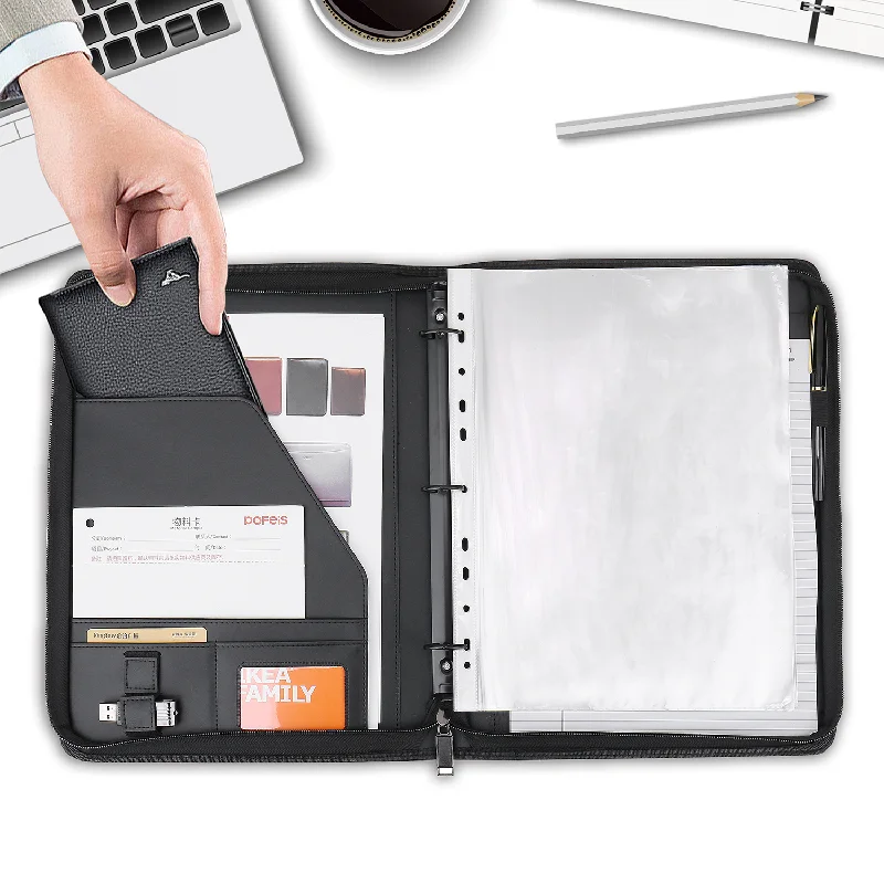 USB Date Line Zip Round Pu Leather File a4 Folder Storage 3 Binder Card Holder Document Portfolio File Folder