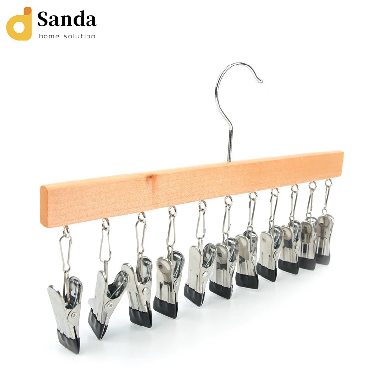 Wholesale save space 12 metal clips wooden hanger for Legging socks and hat organizer