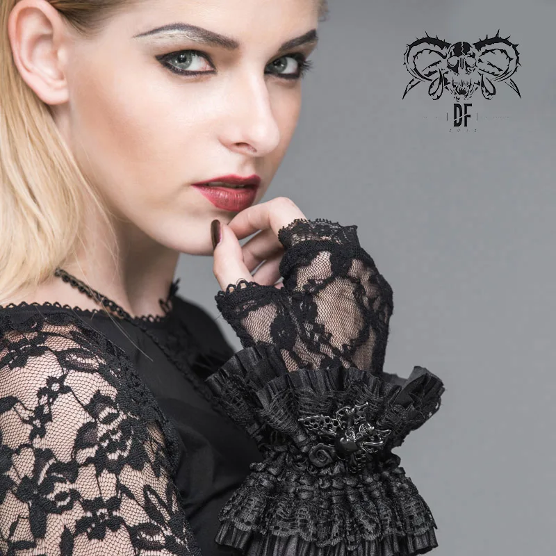 GE007 Devil Fashion skull butterfly metal clasp gothic party sexy women rose multiple laces black short gloves