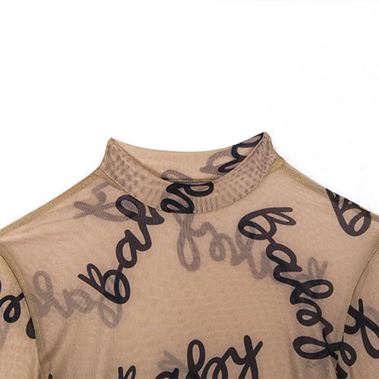 Sexy Women See-Through Blouses Long Sleeves Letter Printing Transparent Mesh Bodycon Crop Tops Shirt