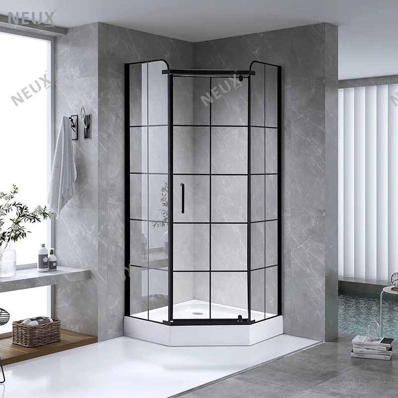 Modern Grid Pattern Diamond Shaped Pivot Glass Door Black Shower Cabin