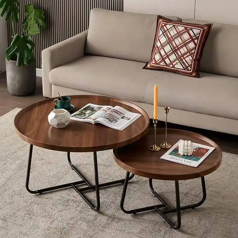 Modern Round Coffee Table Living Room Combination Side Table  Beside Sofa Wood Colored Tabletop and Metal Frame Tea Table