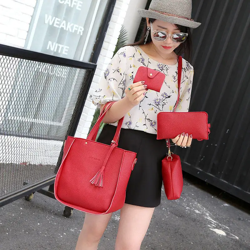 Best-selling Trend Lychee Cross Messenger Mother Bag 4-piece Set Handbags for Women Fashion Bag Package PU Single Square Nylon
