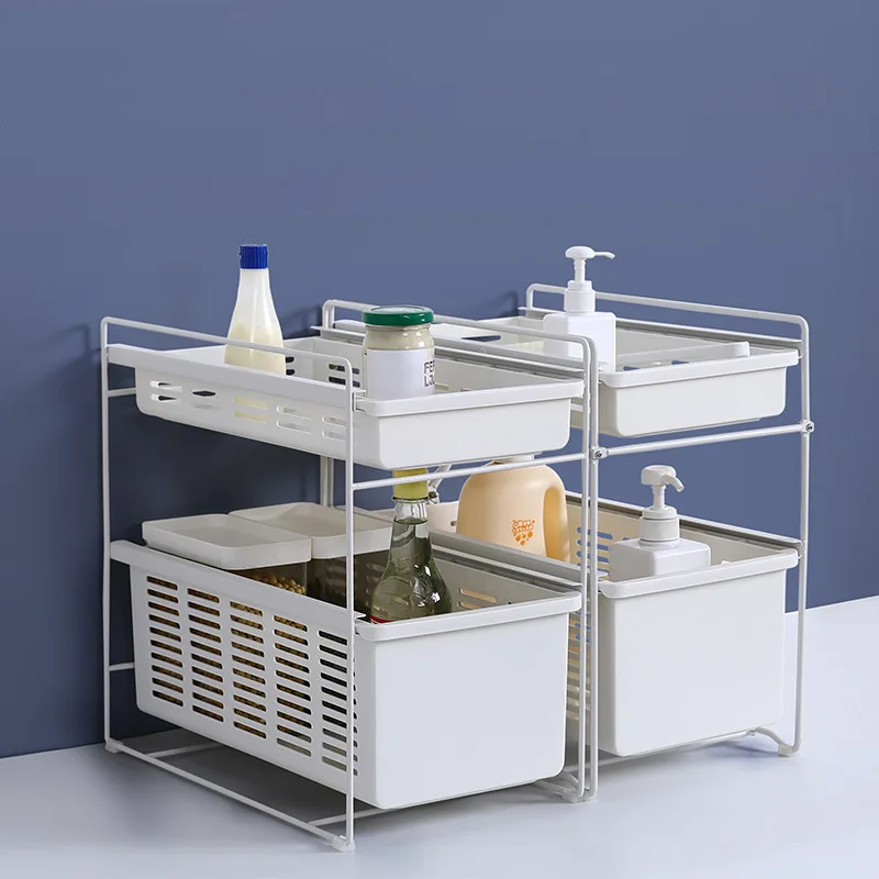 Ins Hot Stainless Steel PP Kitchen Bathroom Double-layer Vegetables Fruits Condiments Spice Pull-out Storage Rack with Drawer