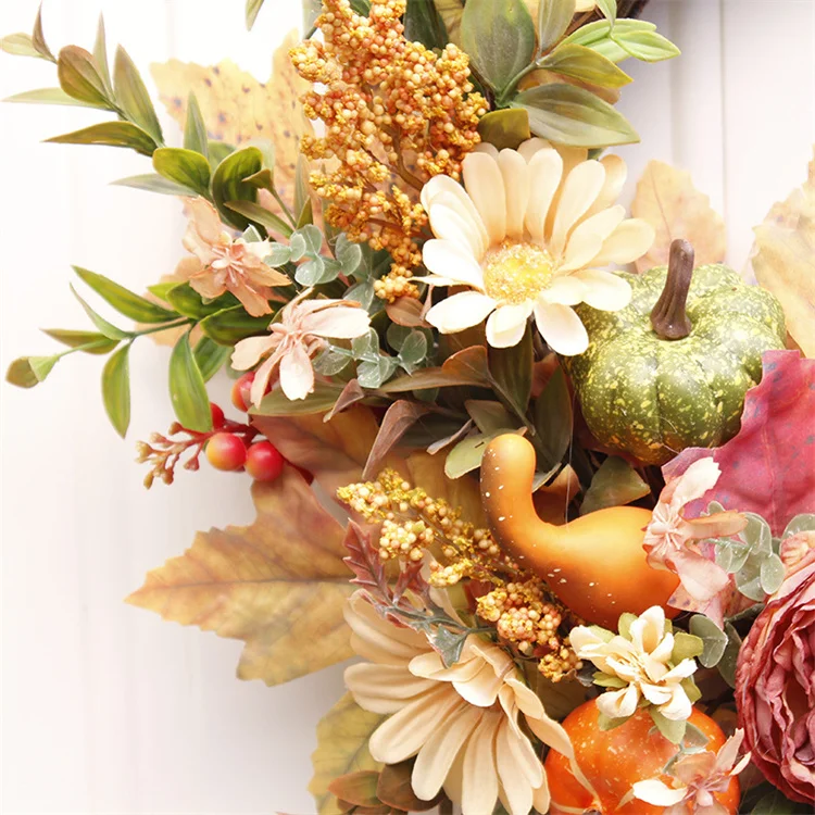 Hot sale hanging silk flower wreath handmade natural grapevine orange autumn decorative wreath with pumpkin maple leaf