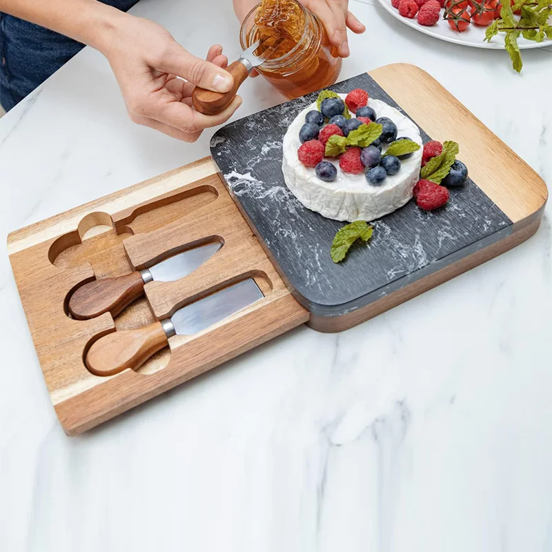 Hot Selling Wood And Marble Charcuterie Board Set Cheese Board With Cheese Knife Set