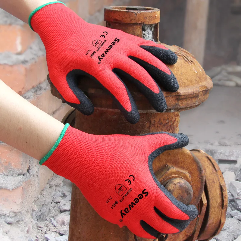 Seeway Red and Black Working Crinkle Latex Palm Gloves Latex Coated Gloves